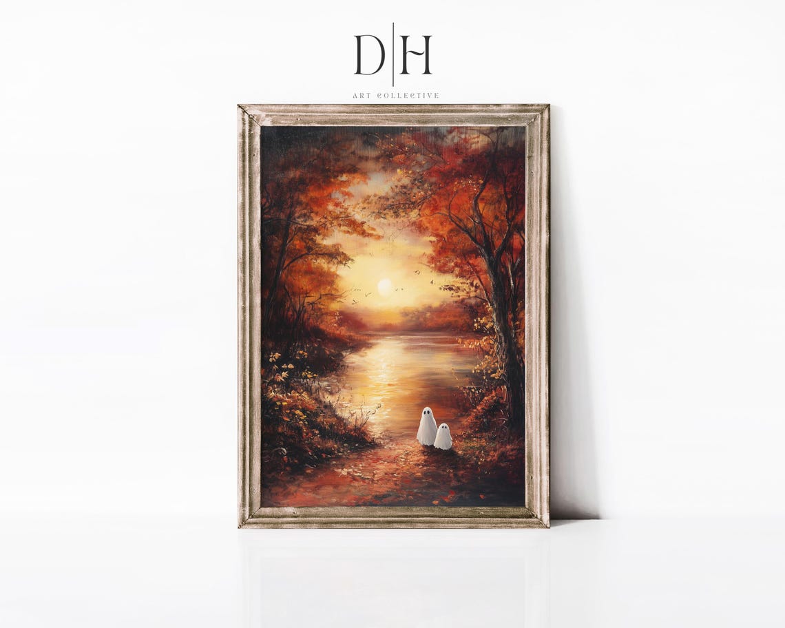 Two Ghosts Watching Sunset Over Autumn Lake Fall Halloween Art Poster