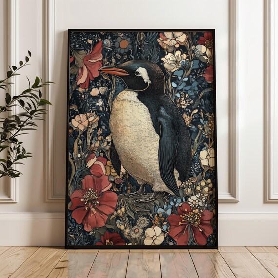 Penguin Standing Dark Floral Garden Red White Blossoms Art Poster