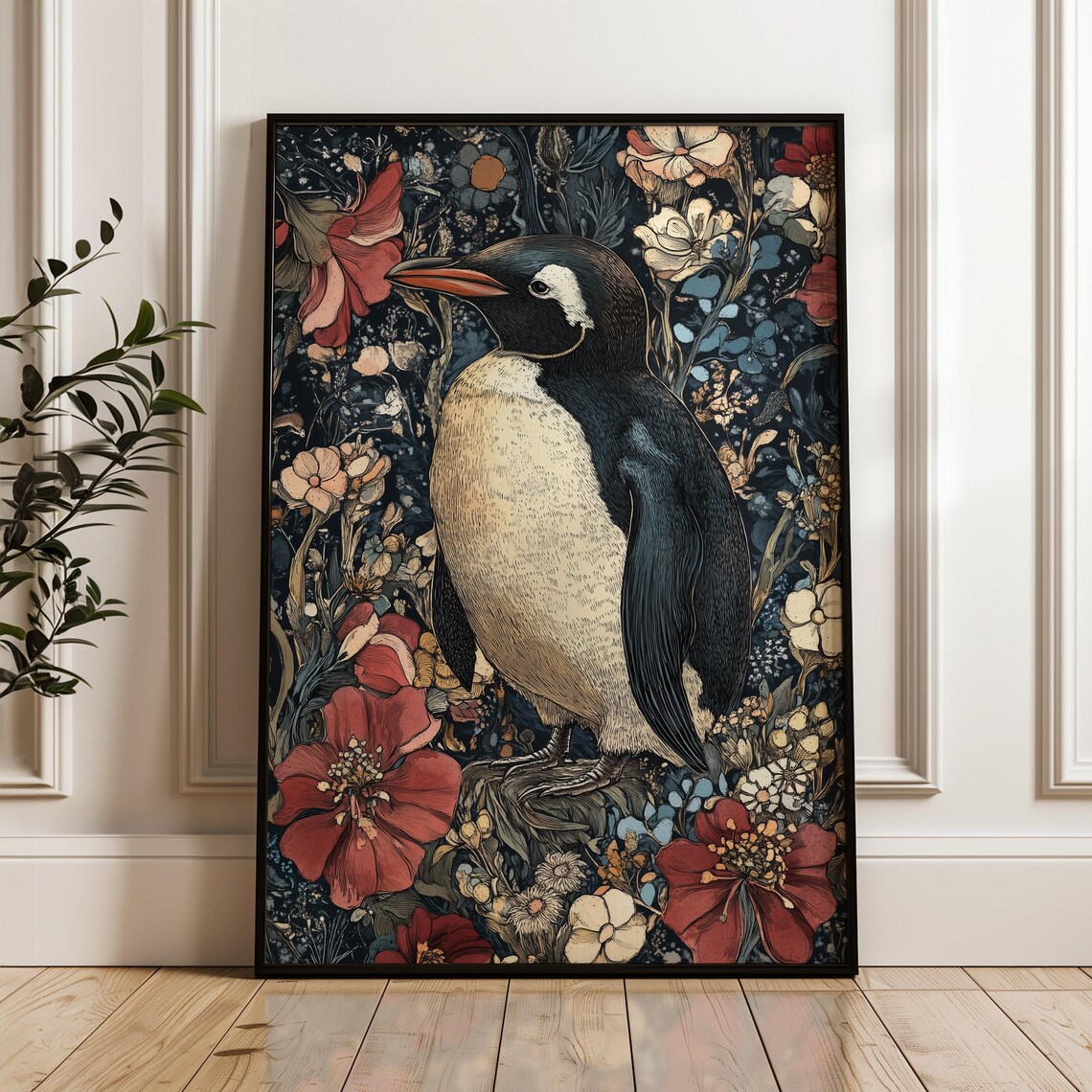 Penguin Standing Dark Floral Garden Red White Blossoms Art Poster