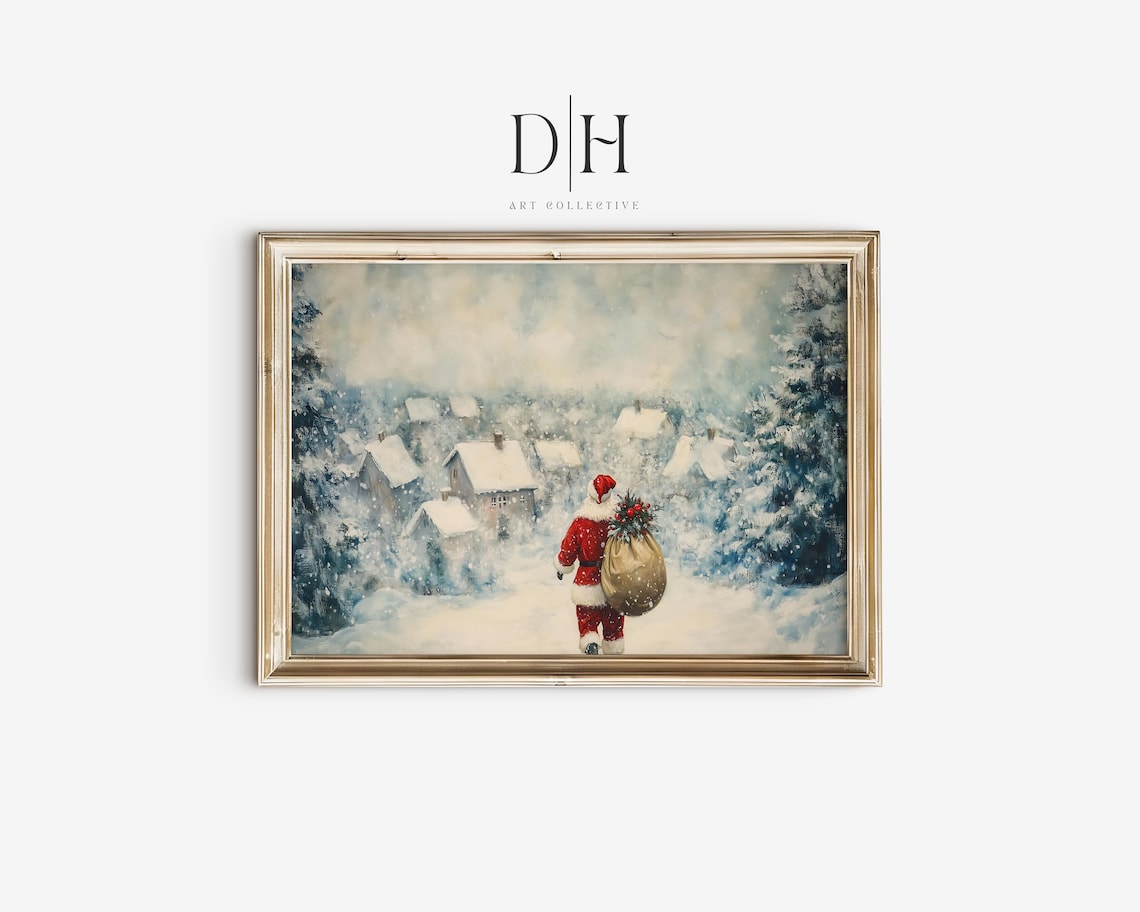 Santa Claus With Gift Bag Walking To Snowy Village Christmas Art Print
