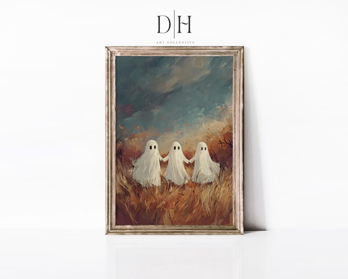 Moody Ghost Wall Art Farm Field Oil Painting Halloween Artwork Authentic Fall Season Print