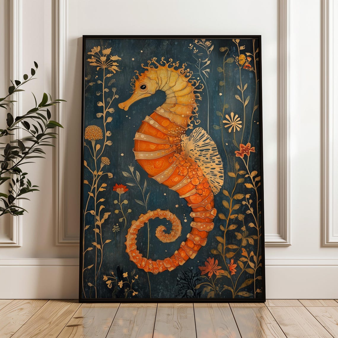 Orange Seahorse Golden Seaweed Deep Blue Nautical Nursery Art Poster
