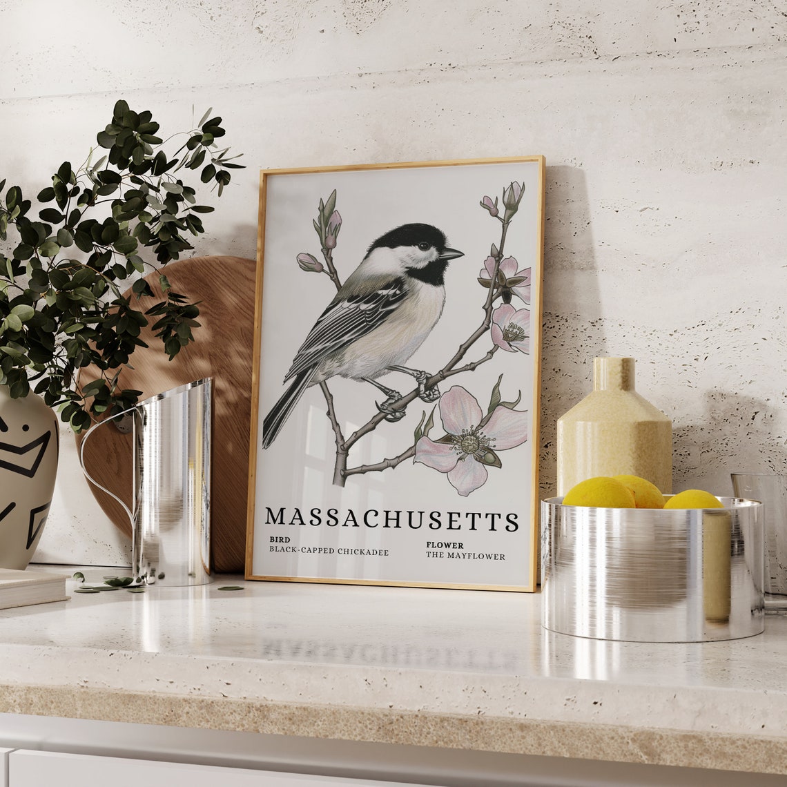 Massachusetts Black-Capped Chickadee Mayflower Bird Flower Print - Image 2