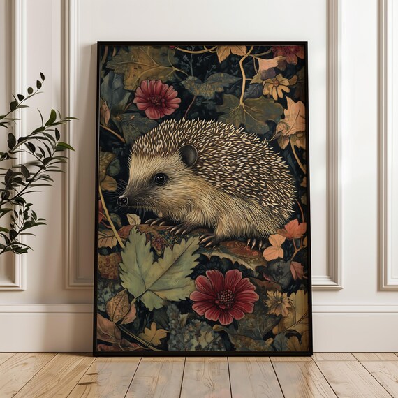 Hedgehog Among Autumn Leaves Red Blossoms Dark Forest Floor Art Poster