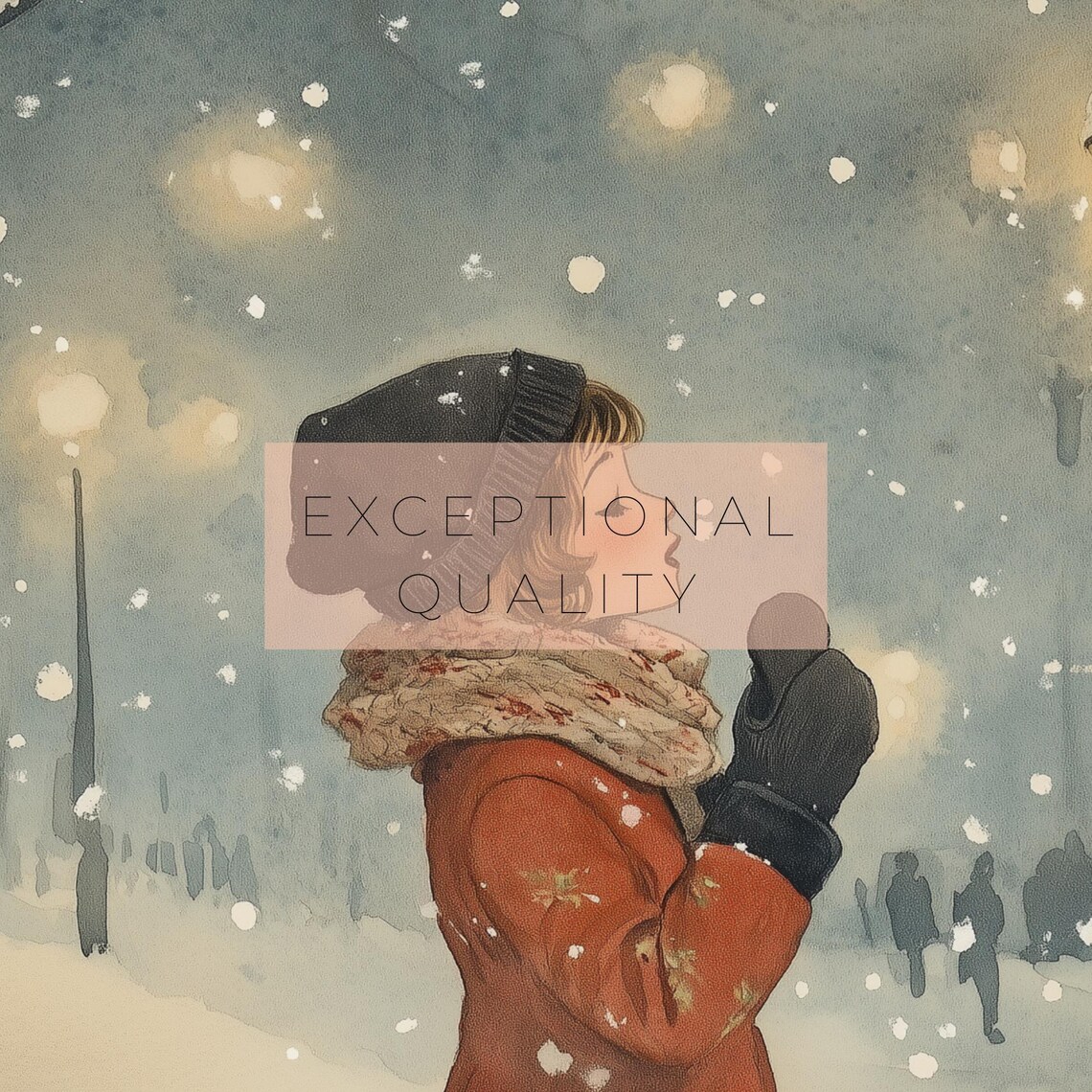 Winter Girl Red Coat Catching Snowflakes Lamppost Snowy Night Poster - Image 3