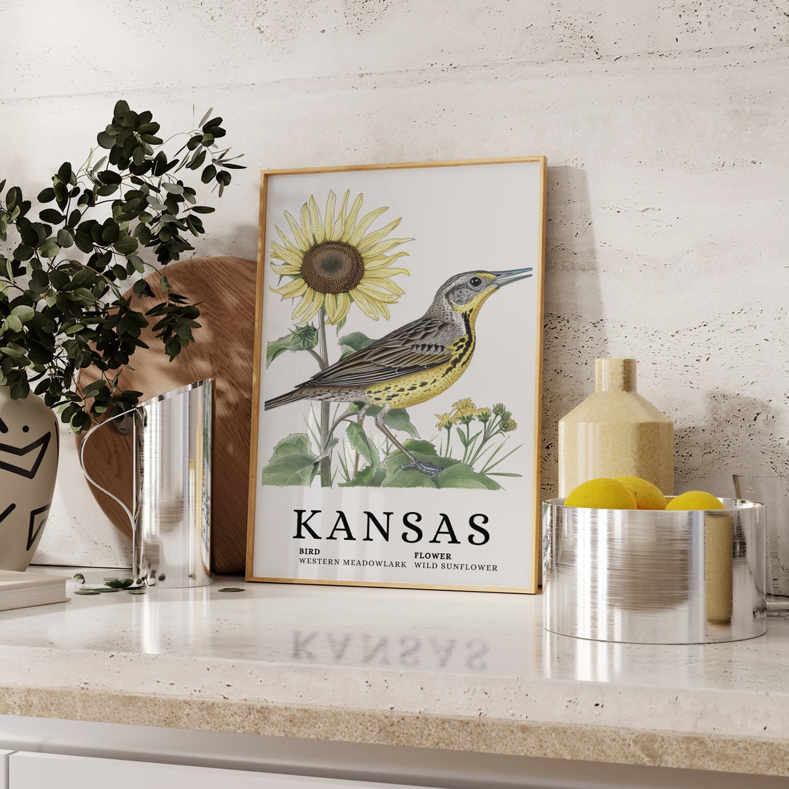 Kansas Western Meadowlark And Wild Sunflower Botanical Art Print - Image 2