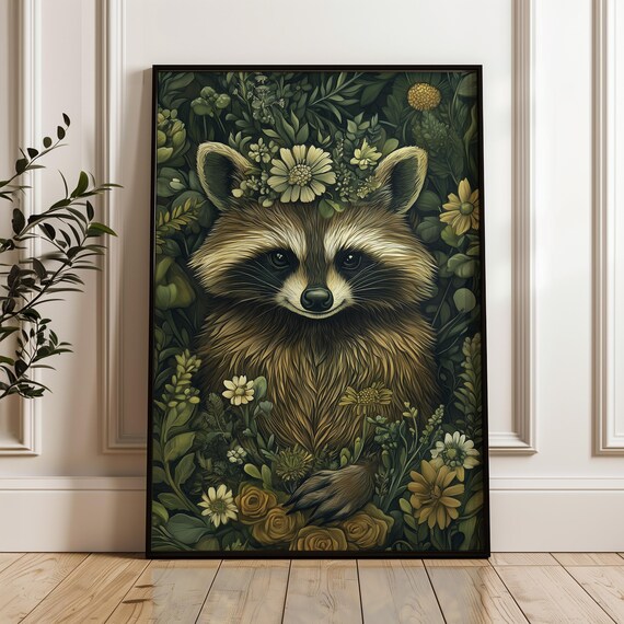 Raccoon Portrait Flower Crown Dark Green Botanical Nursery Art Poster