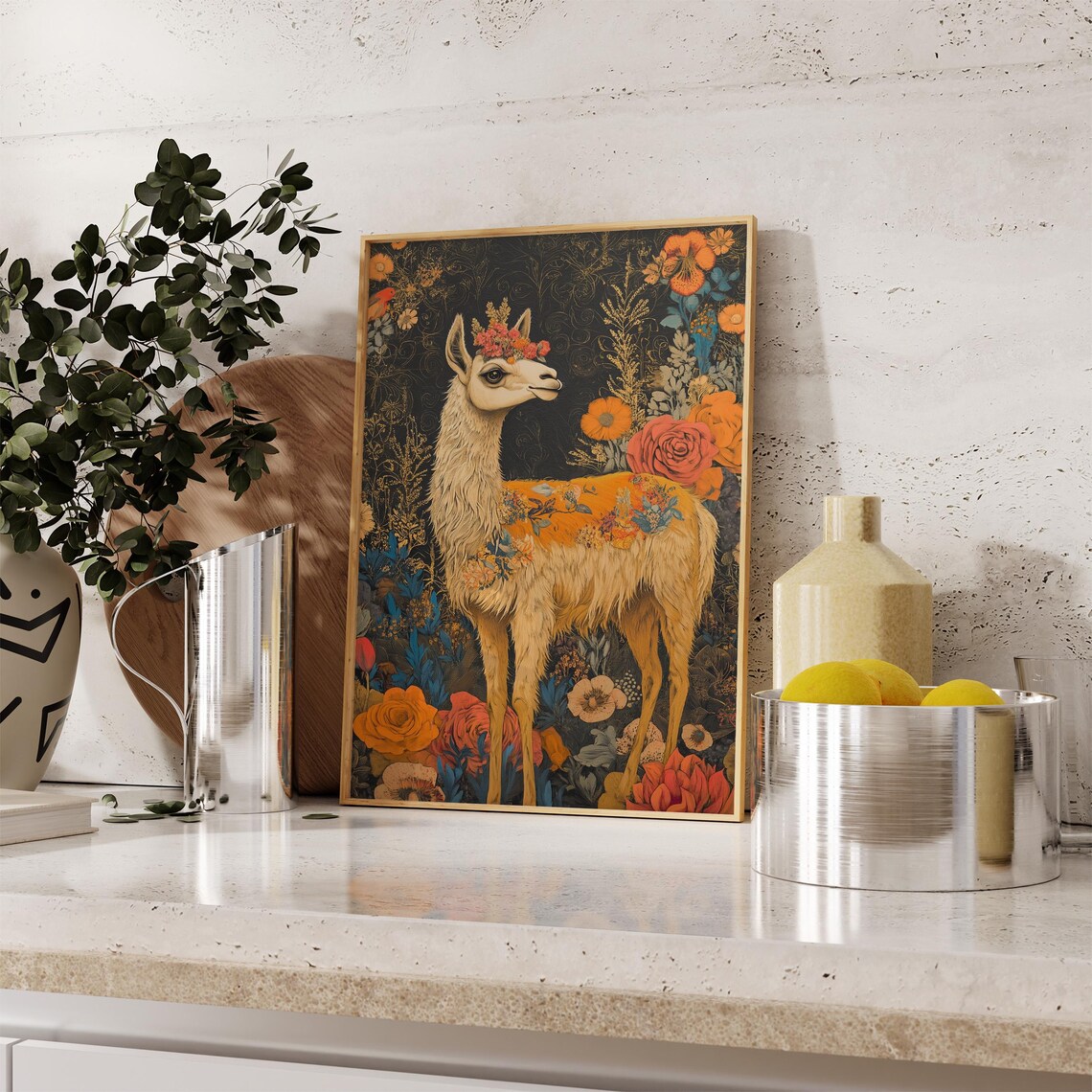 Llama Standing Flower Crown Orange Roses Dark Floral Garden Art Poster - Image 2