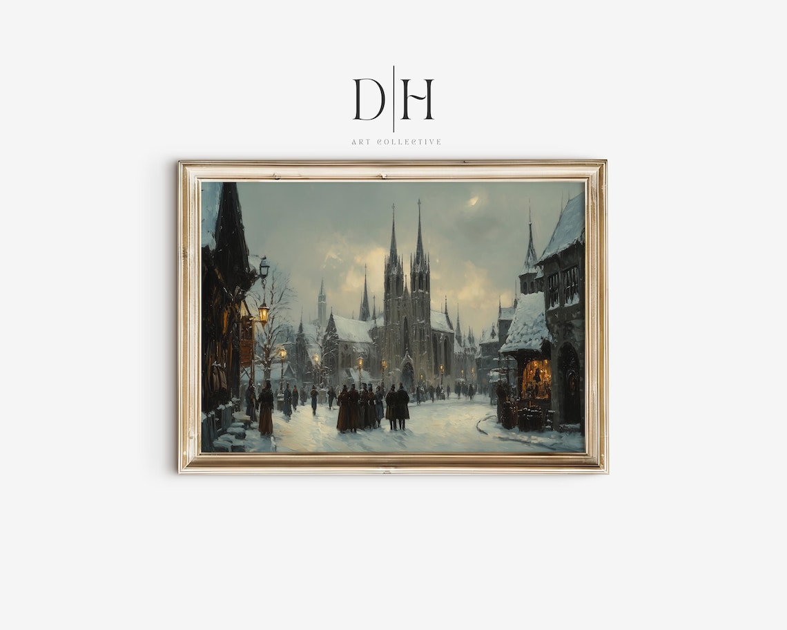 Medieval City Cathedral Spires Snowy Street Vintage Winter Art Poster