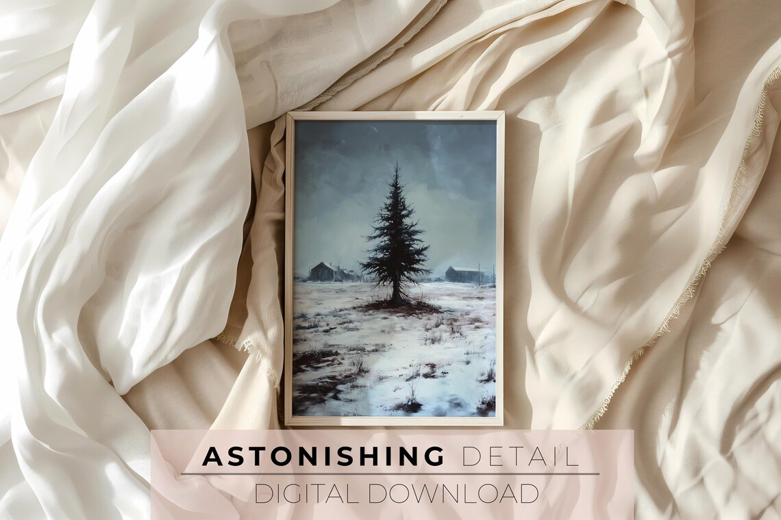 Moody Lone Evergreen In Snowy Field Dark Winter Countryside Art Print - Image 3