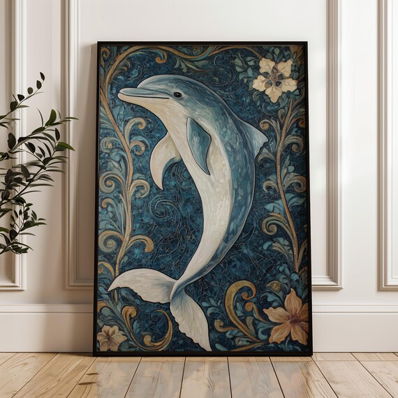 William Morris Inspired Art Print Dolphin Wall Decor Aquatic Artwork Nature Living Room Cottagecore Bedroom Wall Art