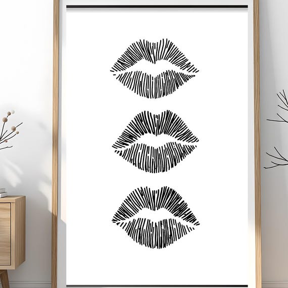 Kiss Lips Wall Art Black And White Fashion Print Trendy Poster