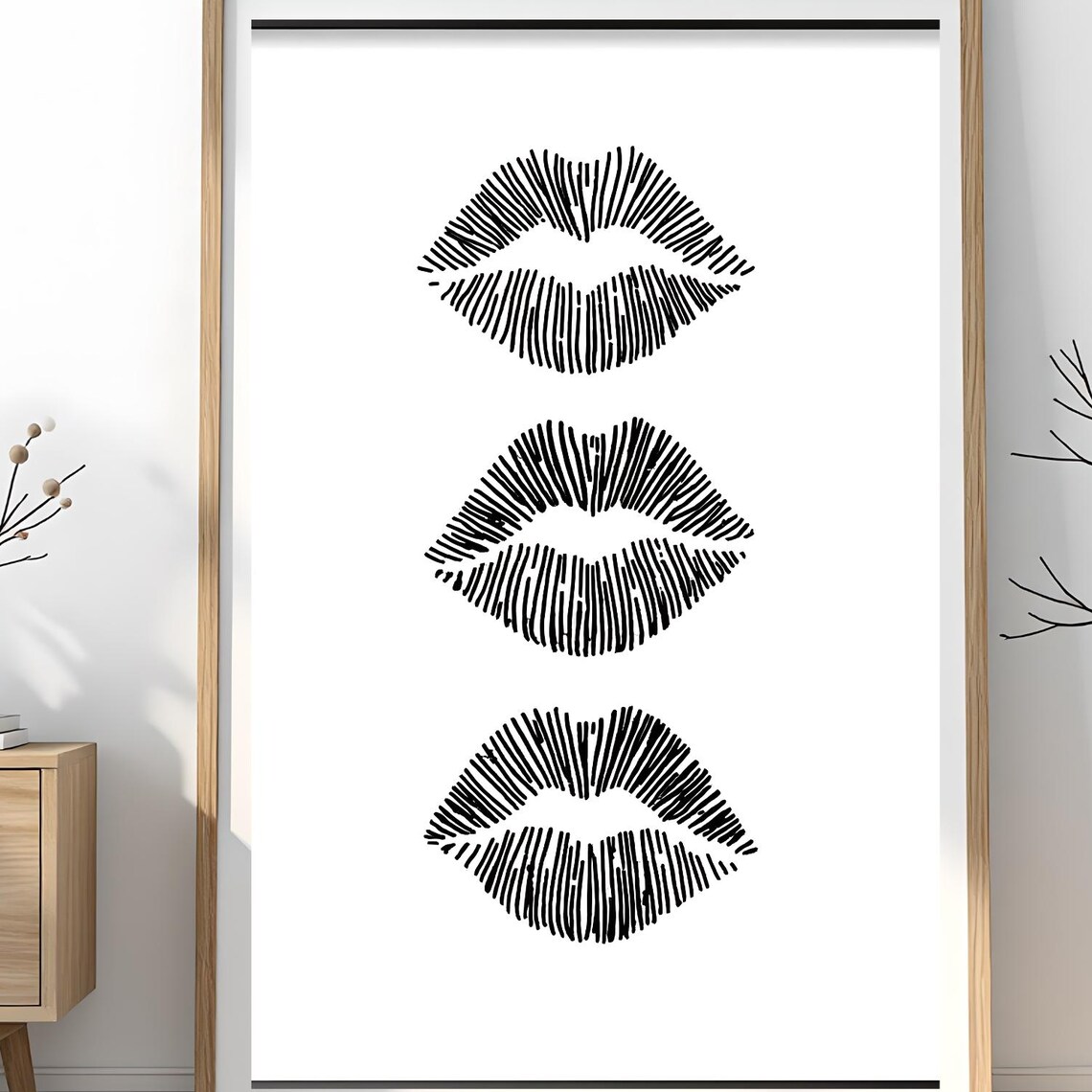 Triple Lipstick Kiss Marks Black White Minimalist Fashion Poster