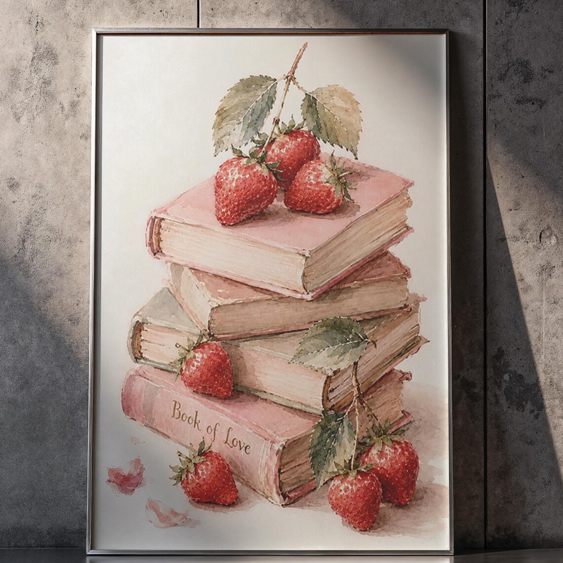 Strawberry Book Stack, Romantic Literary Art Print
