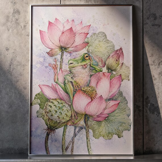 Green Frog Among Pink Lotus Flowers Watercolor Pond Botanical Poster