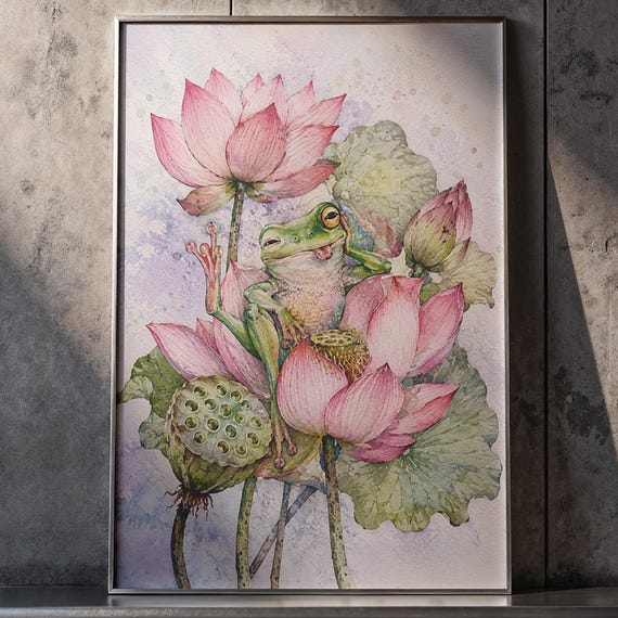 Whimsical Frog Lotus Flower Watercolor Print Cottagecore Pond Nursery Wall Art