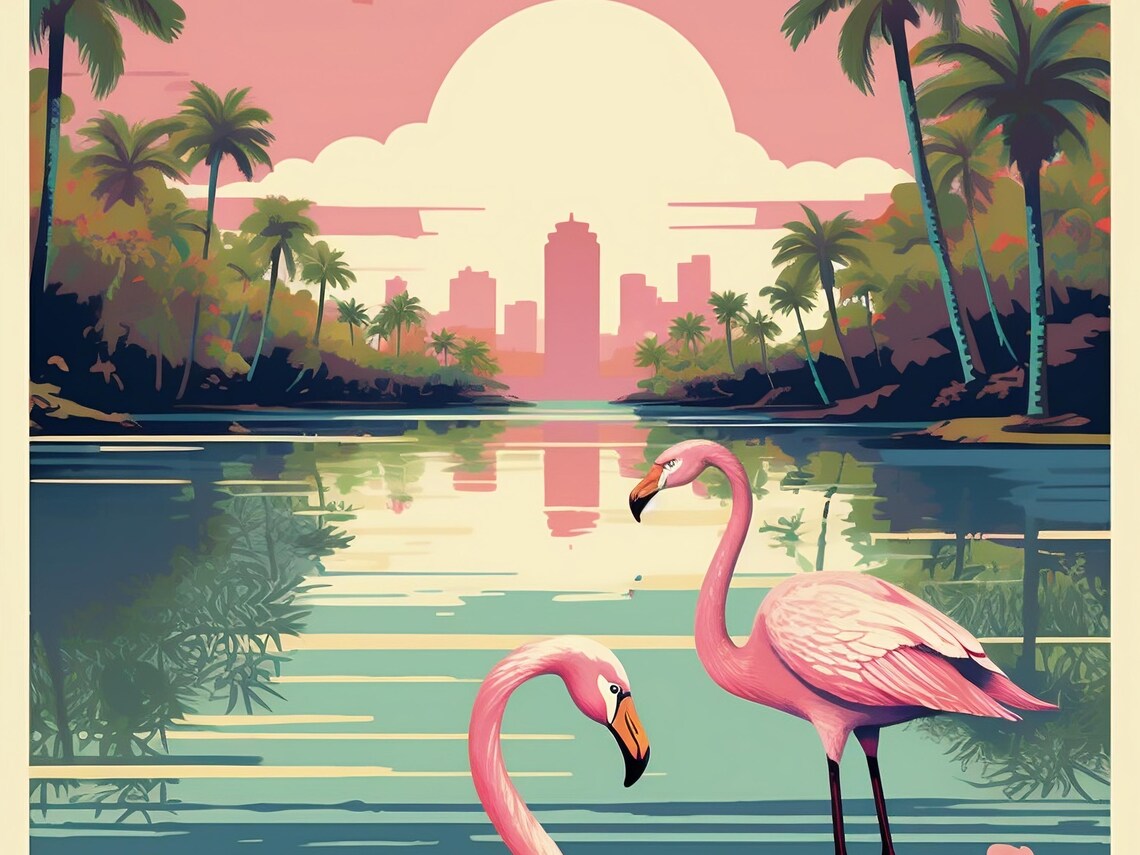 Florida Flamingos Miami Skyline Sunset Vintage Travel Poster - Image 3