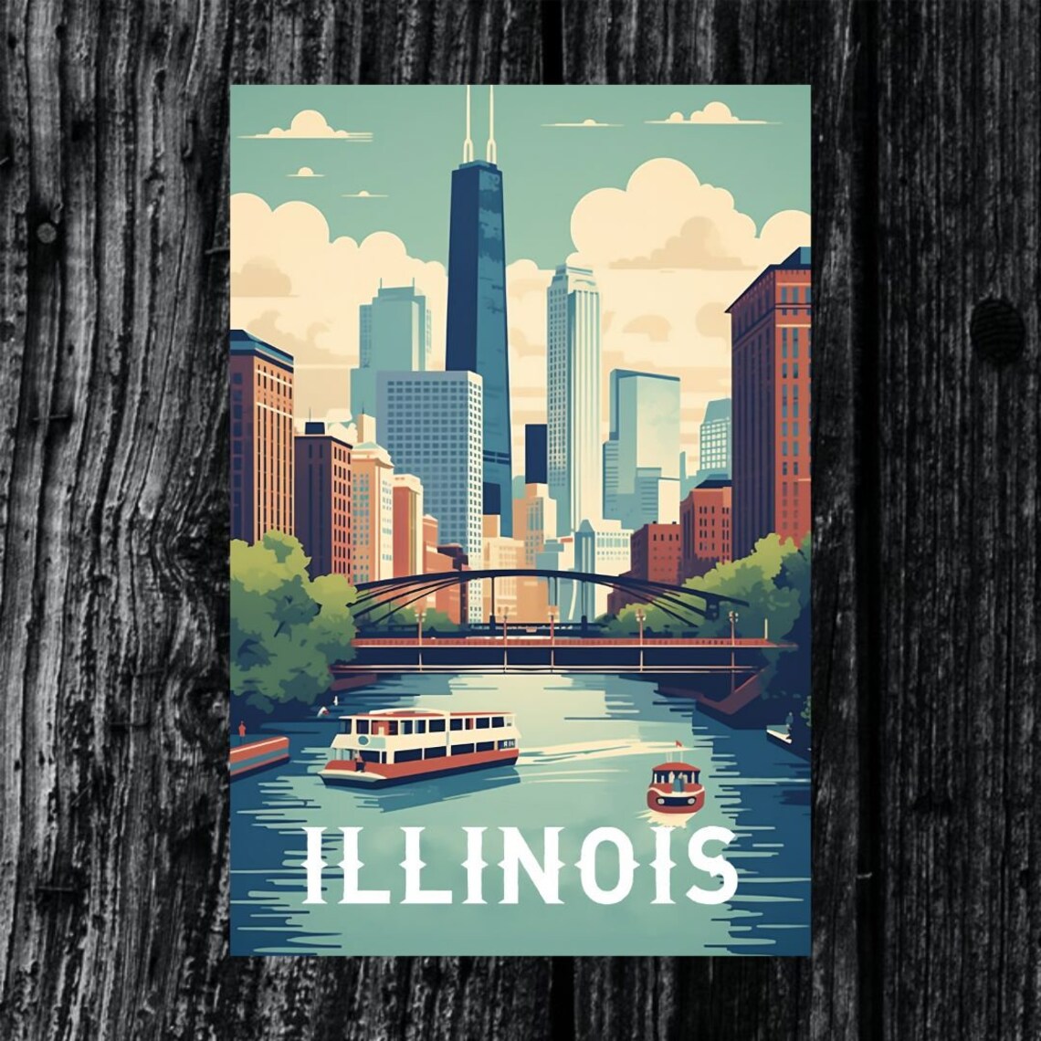 Illinois Chicago City Skyline River Boats Vintage Travel Poster