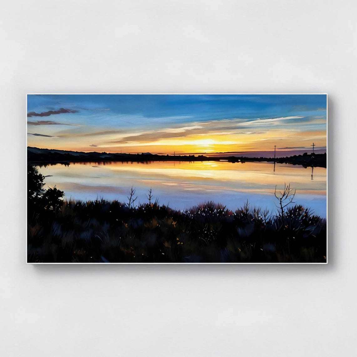 Sunset Over Still Lake Golden Hour Landscape Painting Wall Art