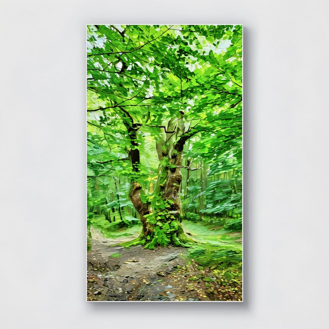 Ancient Oak Tree Lush Green Forest Path Vibrant Painting Wall Art