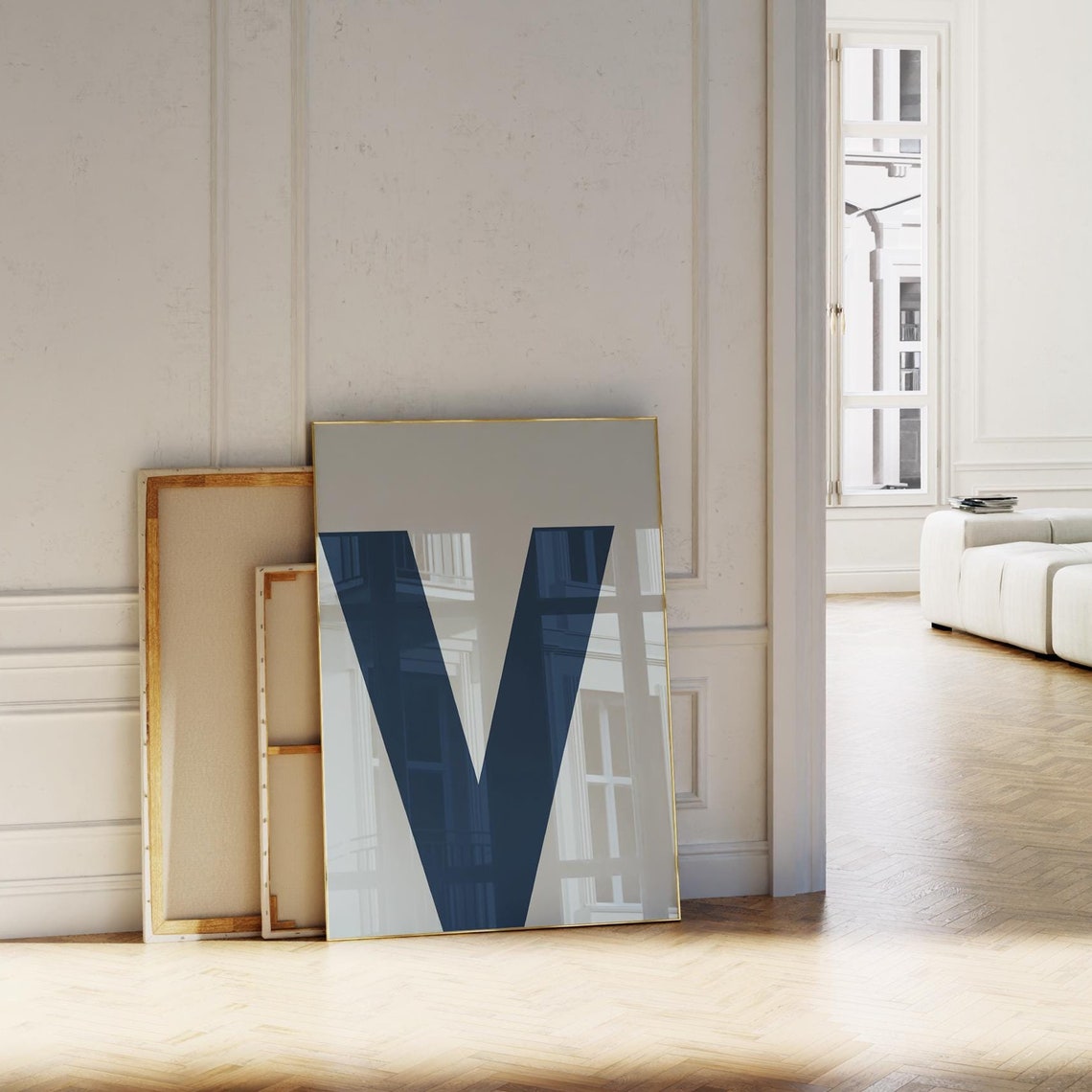 Navy Blue Letter V Minimalist Modern Monogram Alphabet Poster