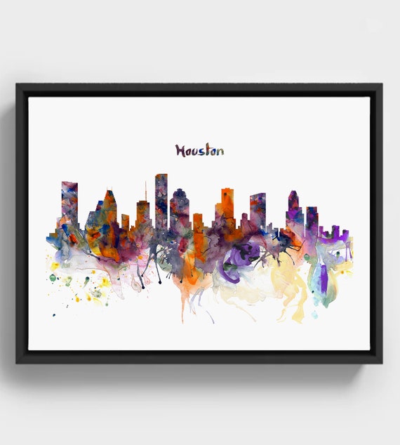 Houston Skyline Watercolor Colorful City Silhouette Print Abstract Texas Wall Art Decor Urban