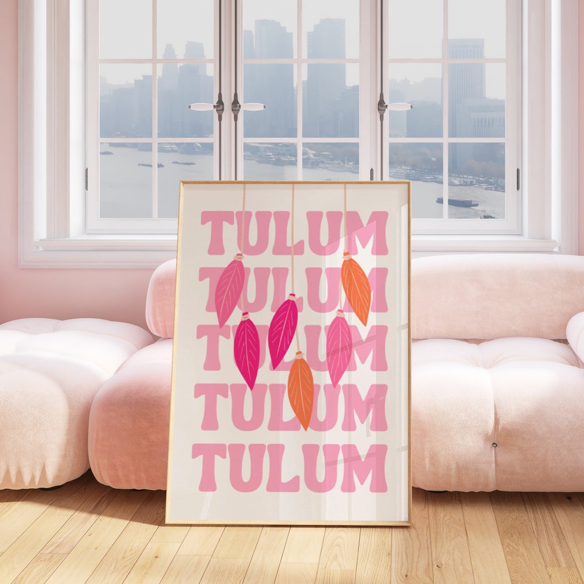 Tulum Mexico Travel Pink Feathers Retro Typography Beach Poster - Image 3