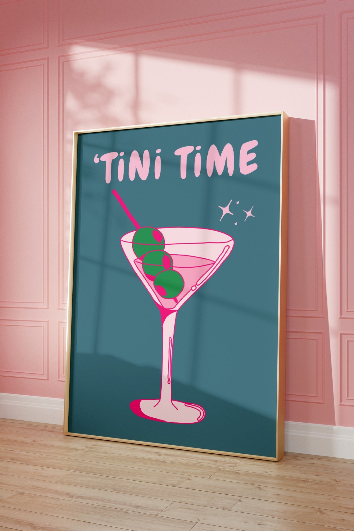 Tini Time Pink Martini Glass Teal Background Retro Cocktail Poster - Image 3