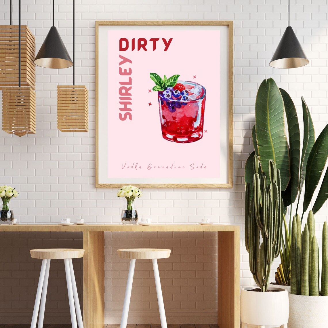 Dirty Shirley Cocktail Recipe Bar Cart Pink Watercolor Drink Art Print - Image 2