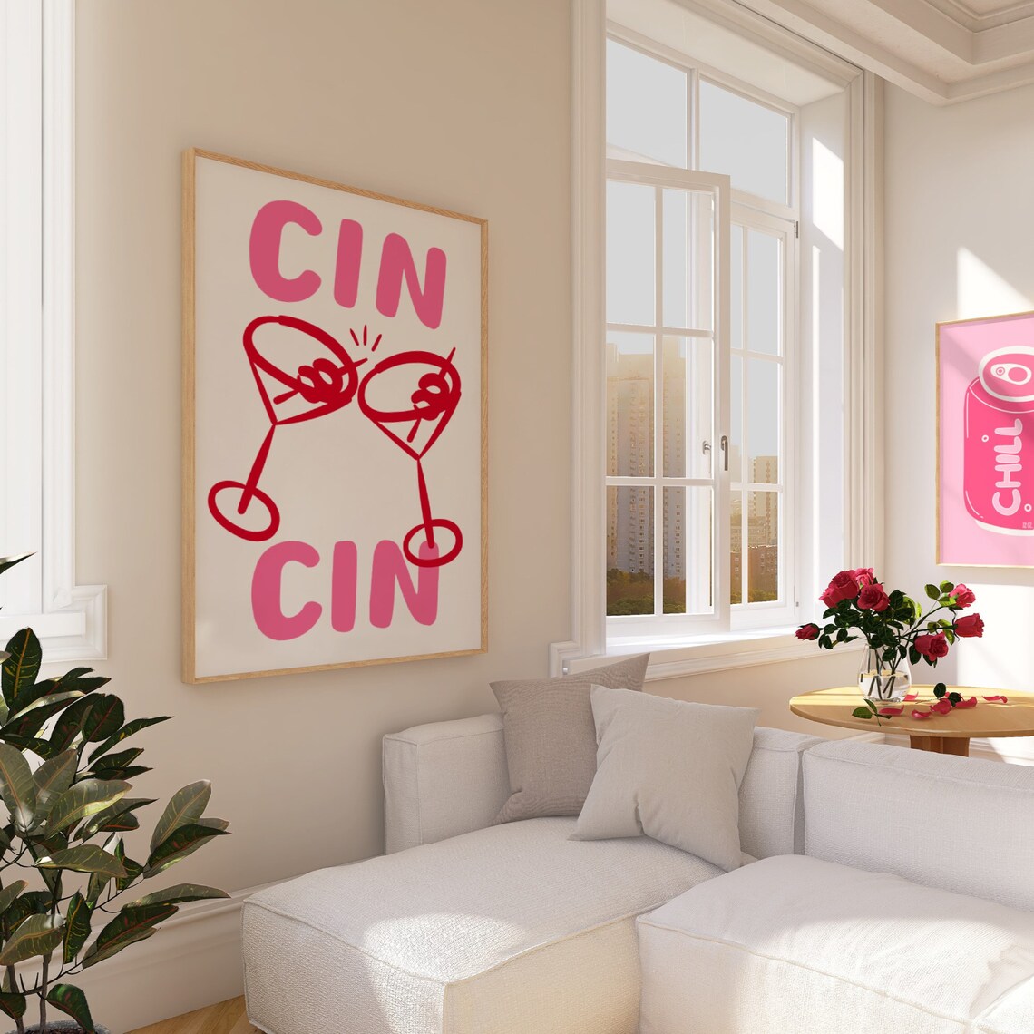 Cin Cin Red Martini Glass Cheers Pink Retro Cocktail Bar Poster - Image 2