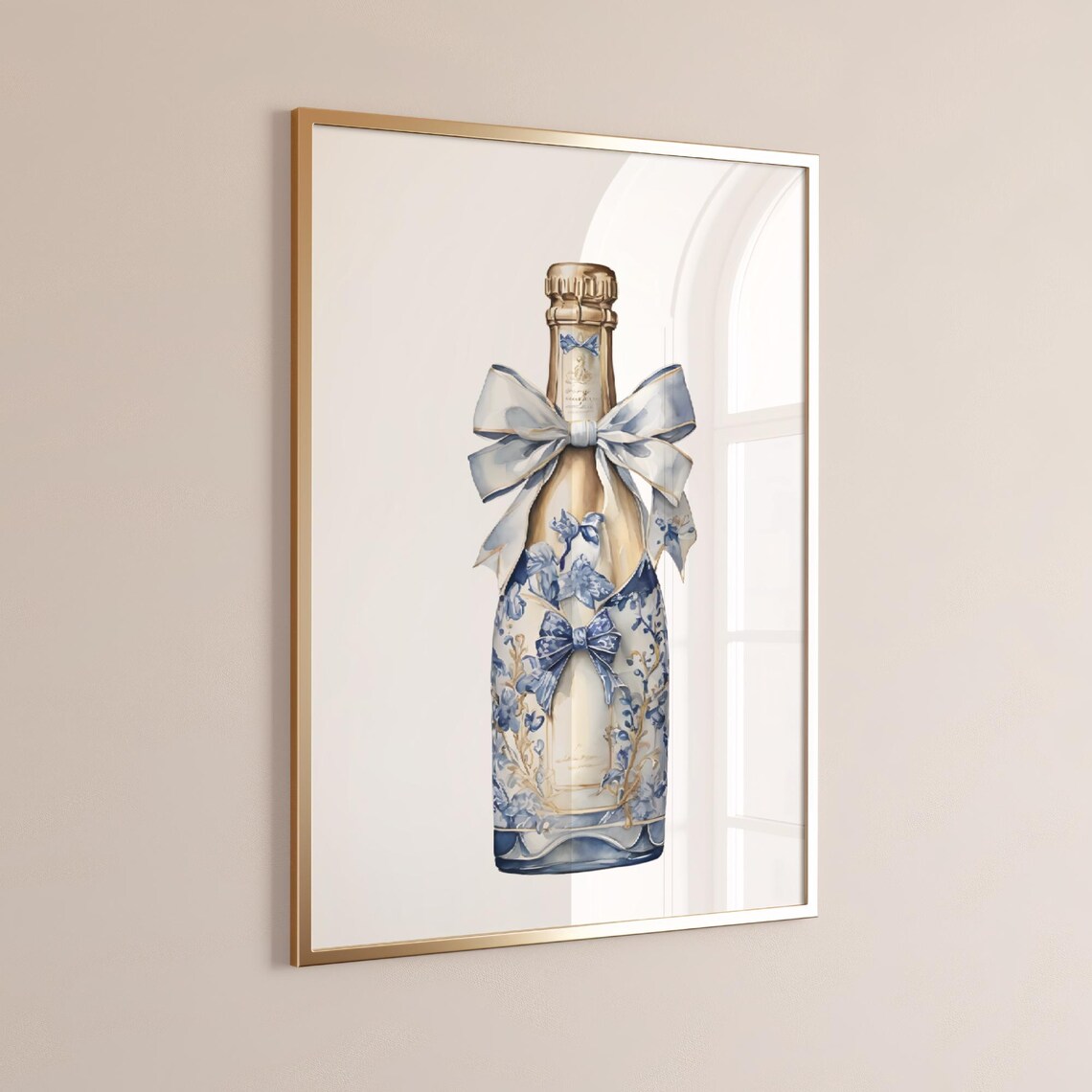 Champagne Bottle Blue Bow Chinoiserie Bar Cart Art Poster Bold Wall Decor - Image 3