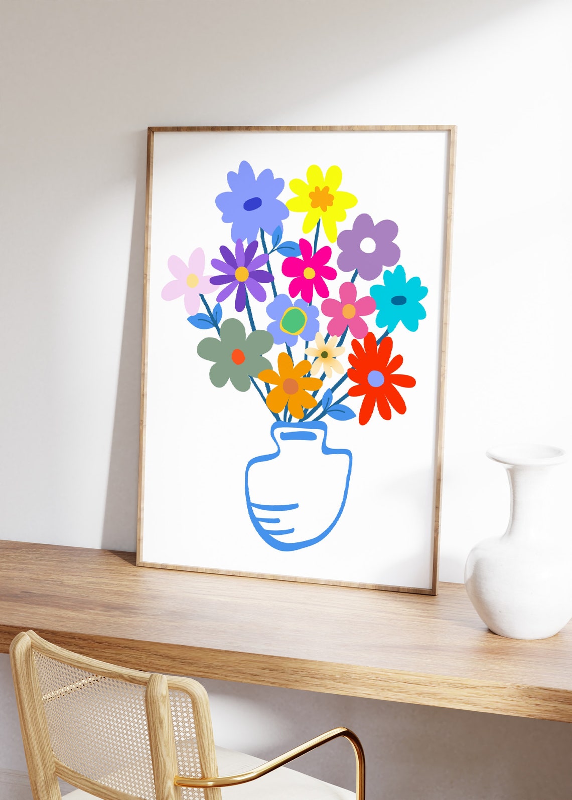 Colorful Flower Bouquet Blue Vase Playful Botanical Art Poster - Image 2