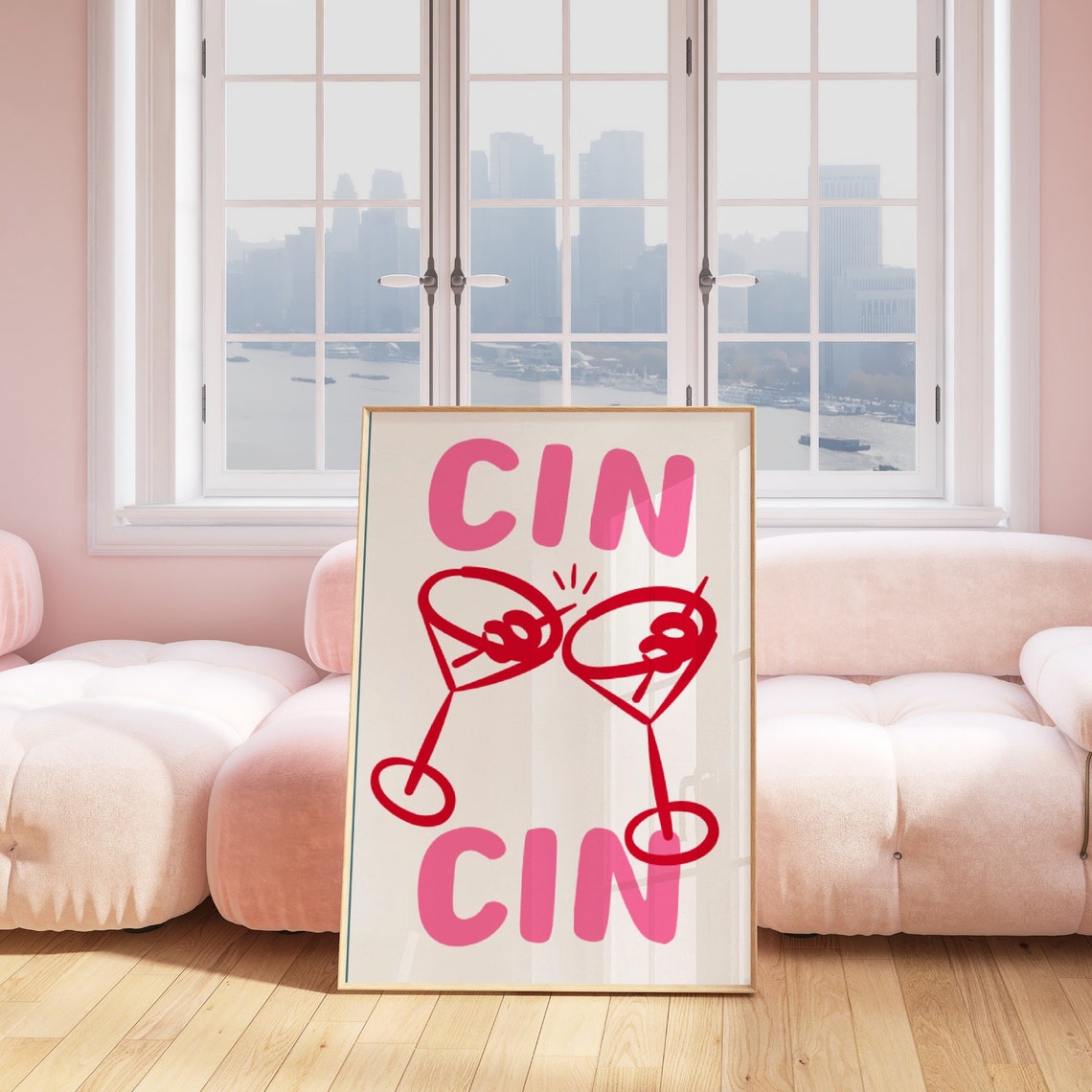 Cin Cin Red Martini Glass Cheers Pink Retro Cocktail Bar Poster - Image 3