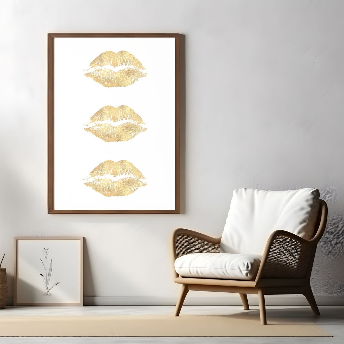 Three Gold Glitter Lips Kiss Marks Glam Preppy Bedroom Poster - Image 2