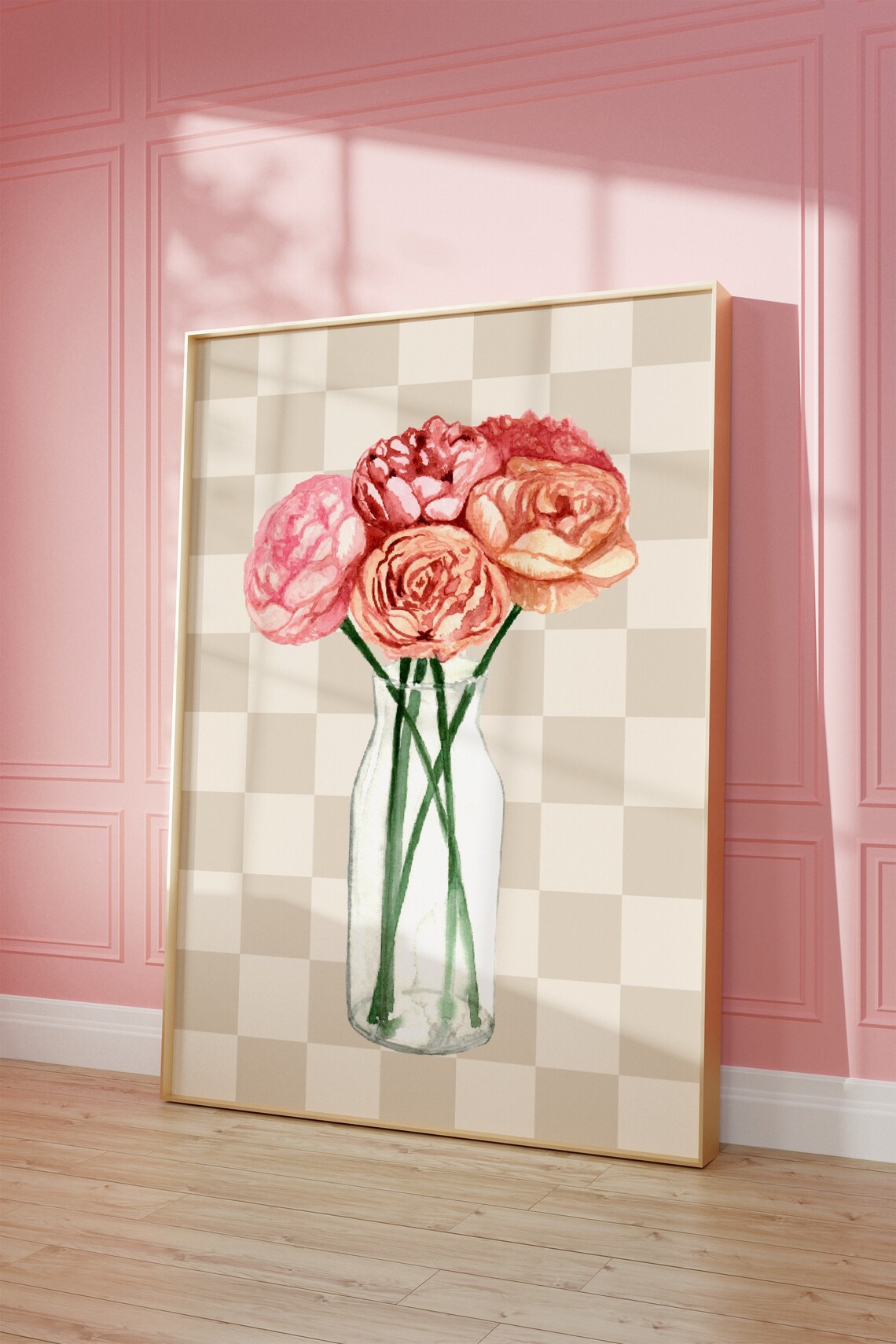Pink Roses Glass Bottle Checkered Botanical Floral Art Poster - Image 4
