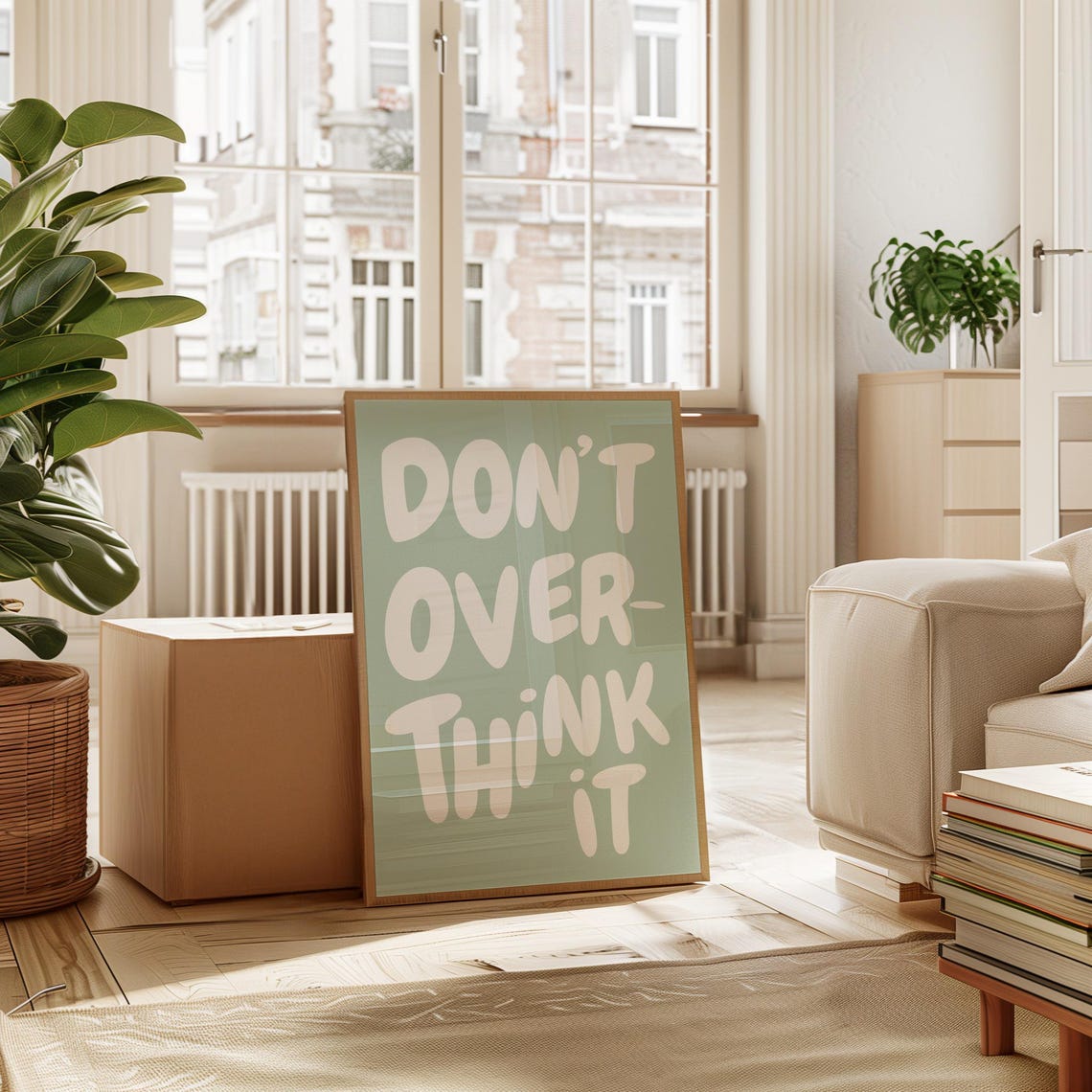 Dont Overthink It White Bubble Letters Sage Green Quote Poster - Image 4