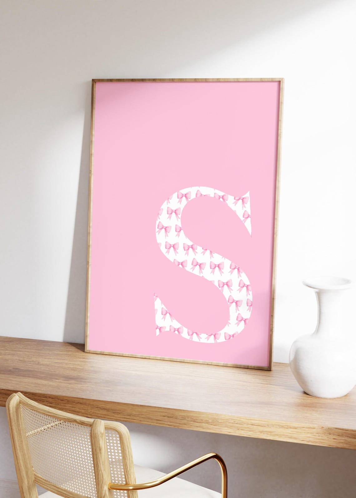 Letter S Initial White Pink Bow Pattern Sweet Monogram Poster - Image 2