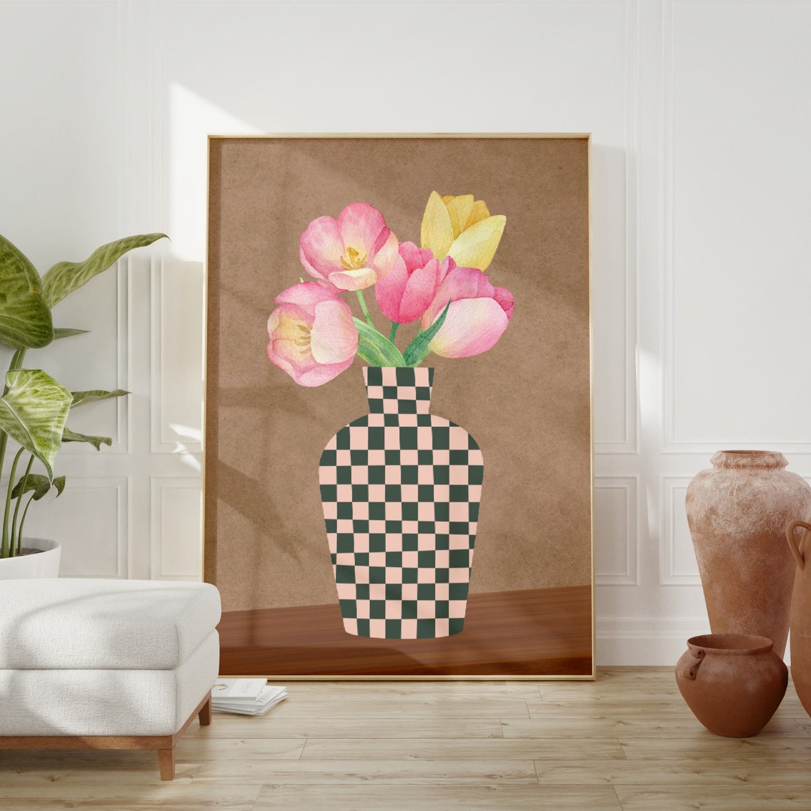 Checkered Vase Pink Yellow Tulips Scandi Floral Kitchen Poster - Image 3