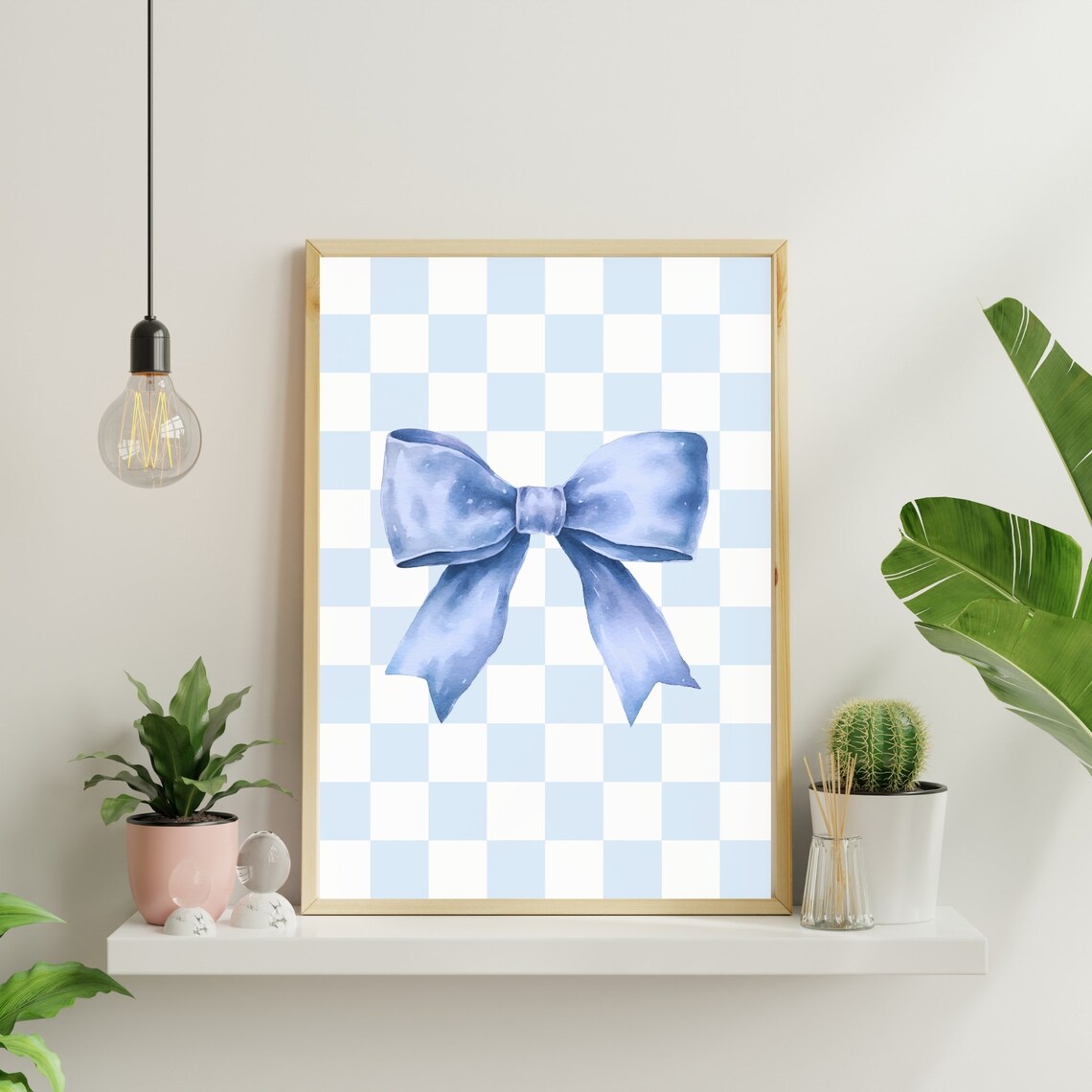 Blue Watercolor Bow Checkered Background Preppy Retro Teen Poster - Image 2