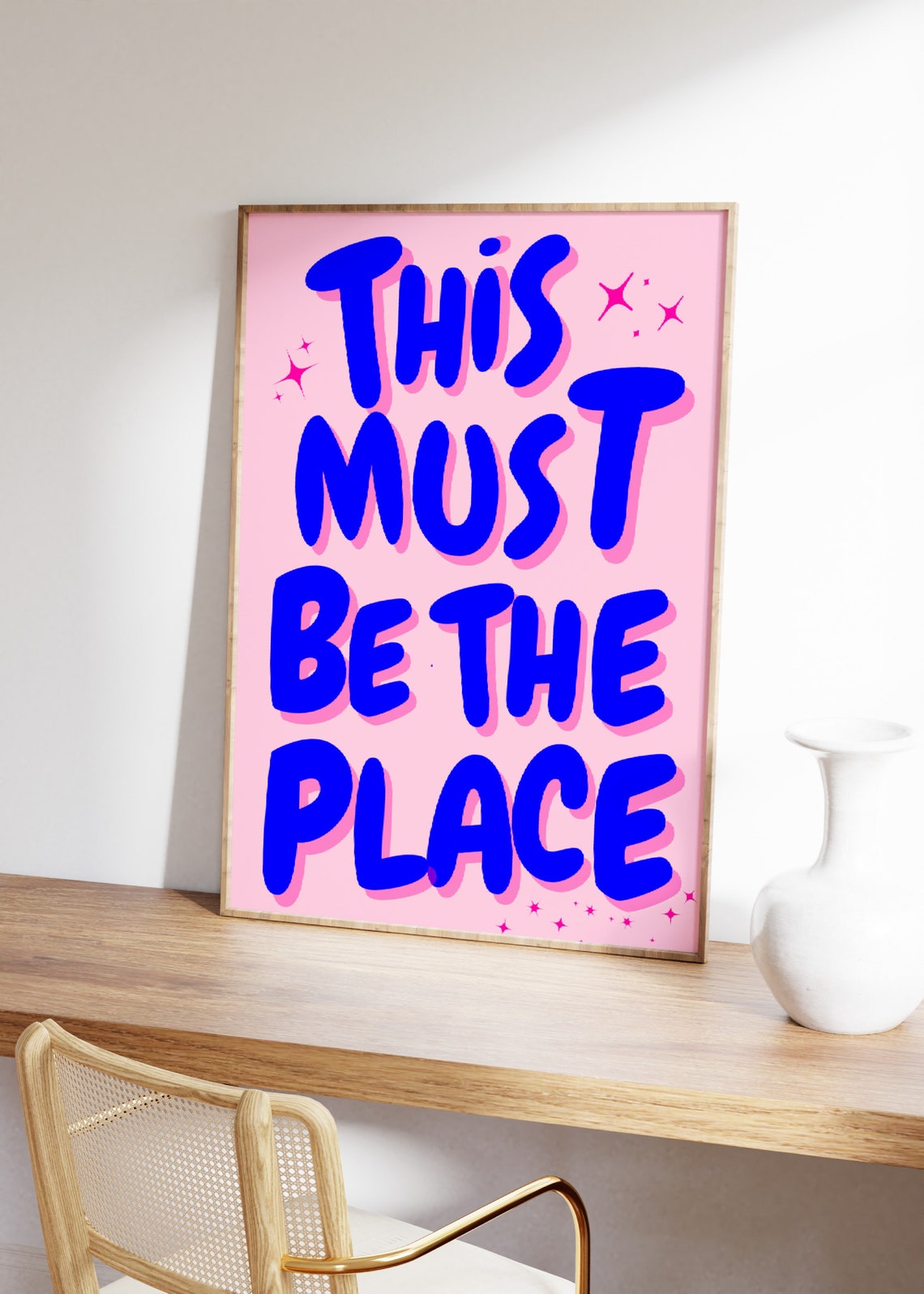 This Must Be The Place Blue Bubble Lettering Pink Home Quote Poster - Image 2
