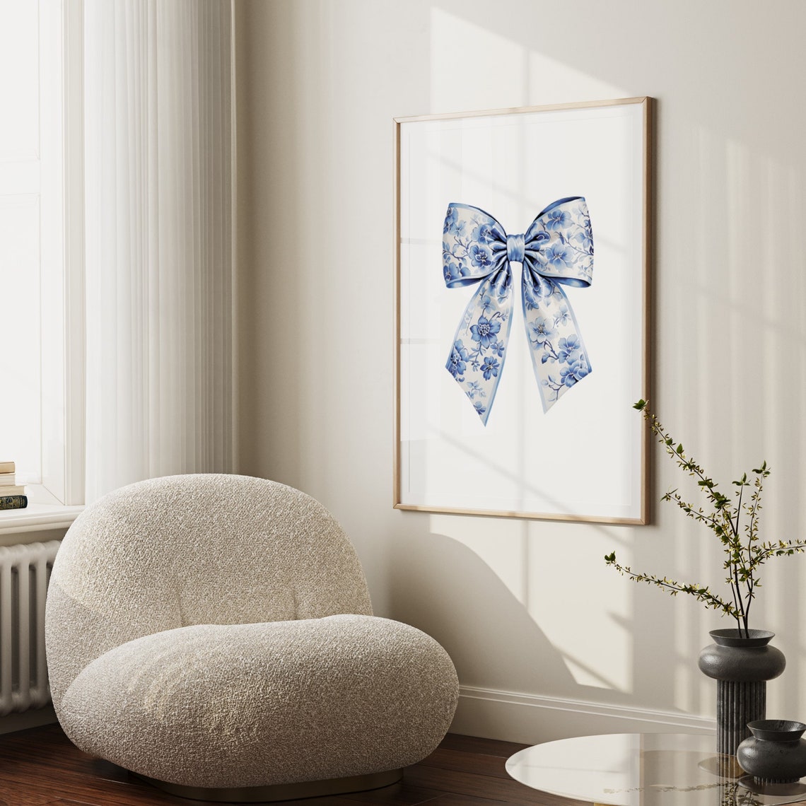 Blue Bow Print Chinoiserie Nursery Print Coquette Room Decor Grandmillenial Wall Art Coastal Grandma Painting Floral Teen Girl Poster - Image 3