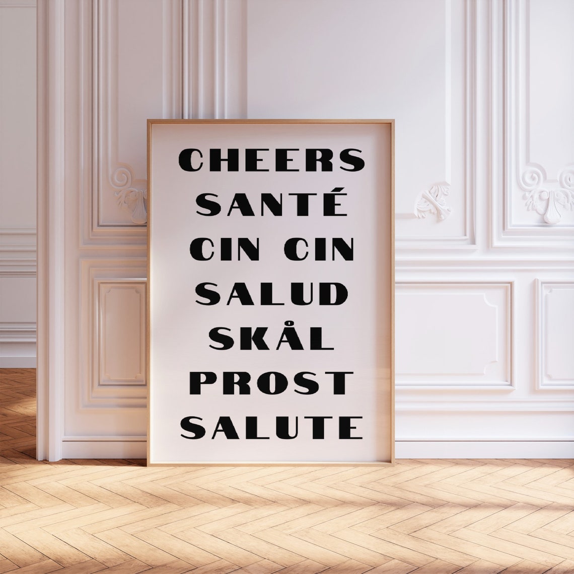 Cheers in Seven Languages Black Typography Bar Cart Art Poster - Image 2
