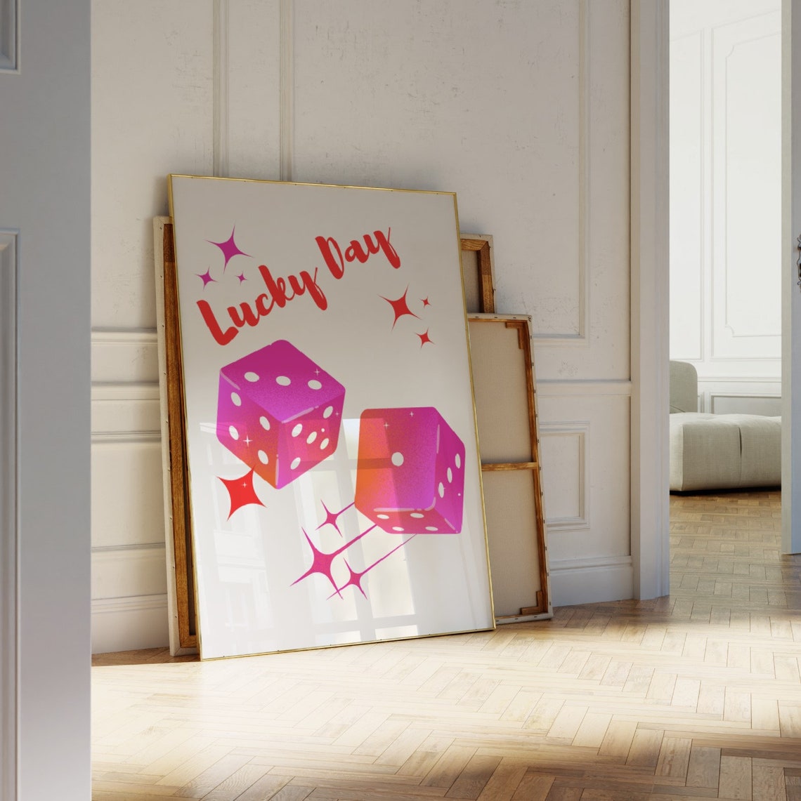 Lucky Day Pink Dice Retro Poster Red Script Sparkle Preppy Aesthetic - Image 2