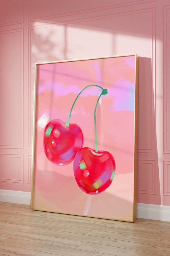 Cherries Print Y2k Print Maximalist Room Decor Pink Poster Trendy Funky Wall Art Retro Cherry Pink Preppy Dorm Room Decor