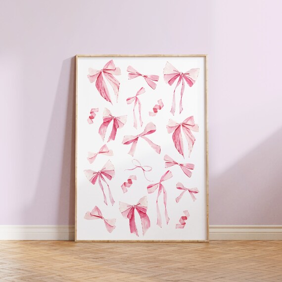 Pink Watercolor Bows Pattern Coquette Girly Nursery Art Poster