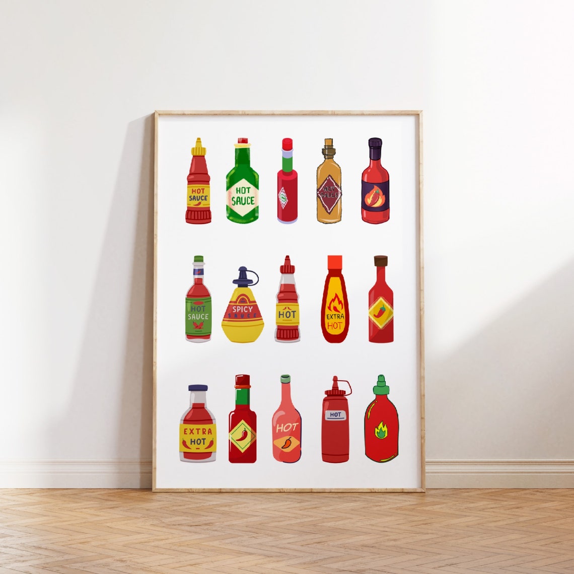 Hot Sauce Bottles Retro Kitchen Illustration Colorful Poster