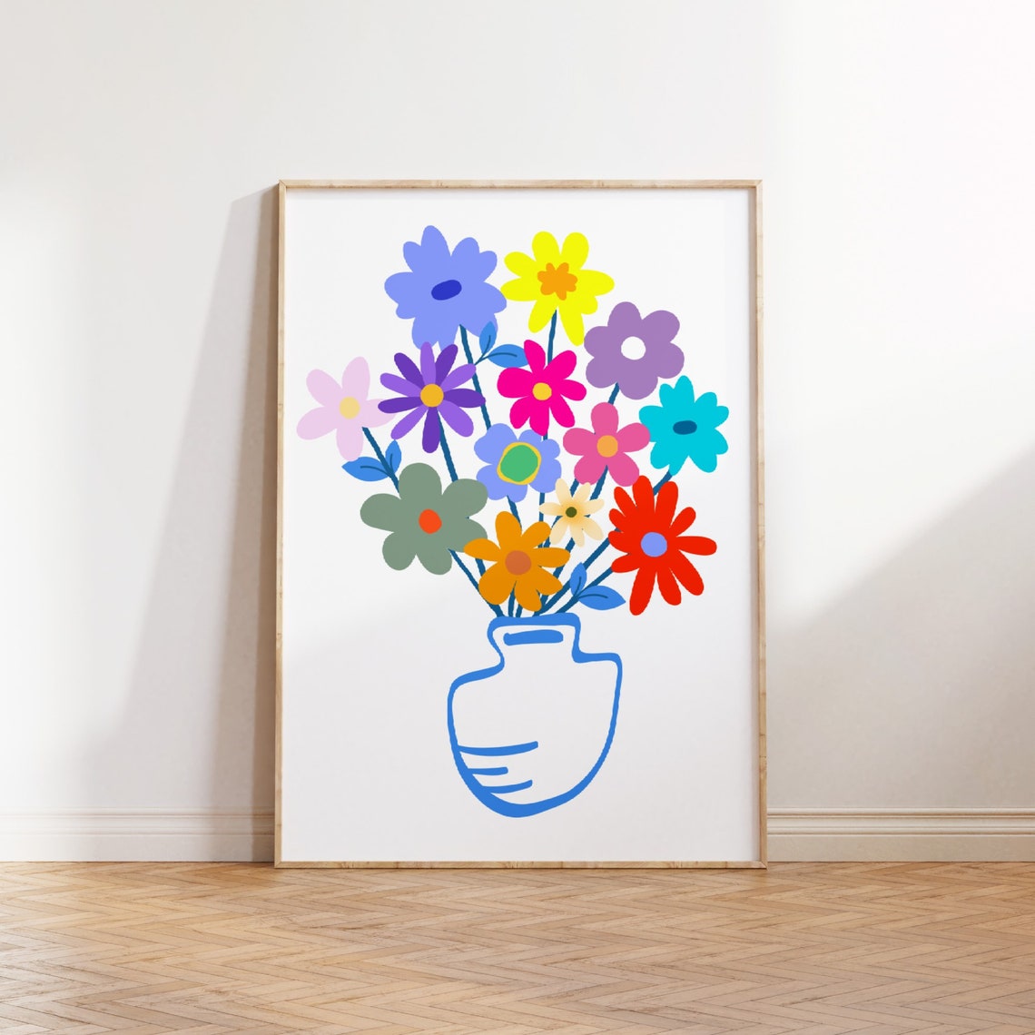 Colorful Flower Bouquet Blue Vase Playful Botanical Art Poster