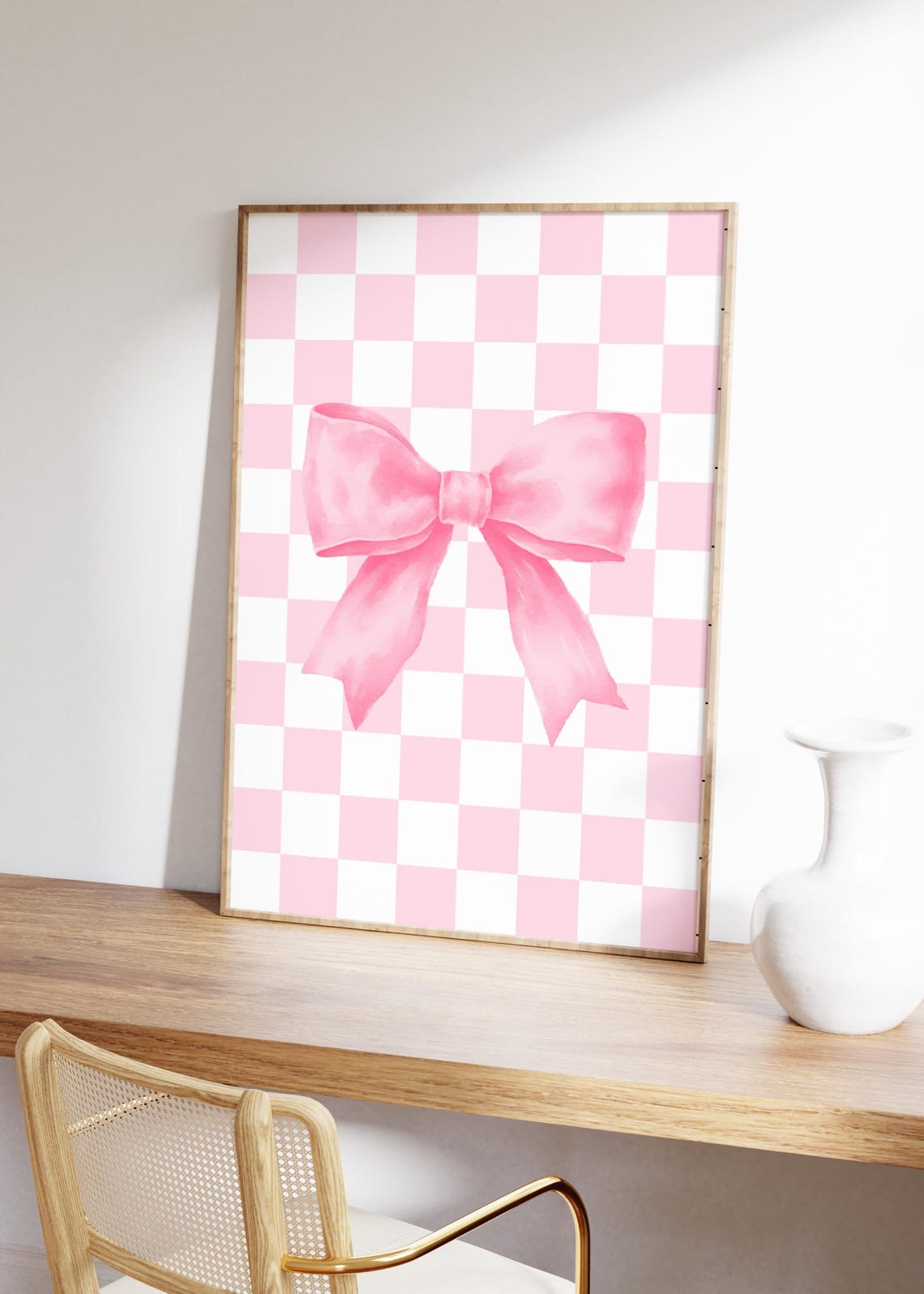 Pink Bow Print Checkered Art Western Cowgirl Print Retro Cowgirl Art Checkered Wall Art Gift For Teen Girl - Image 2