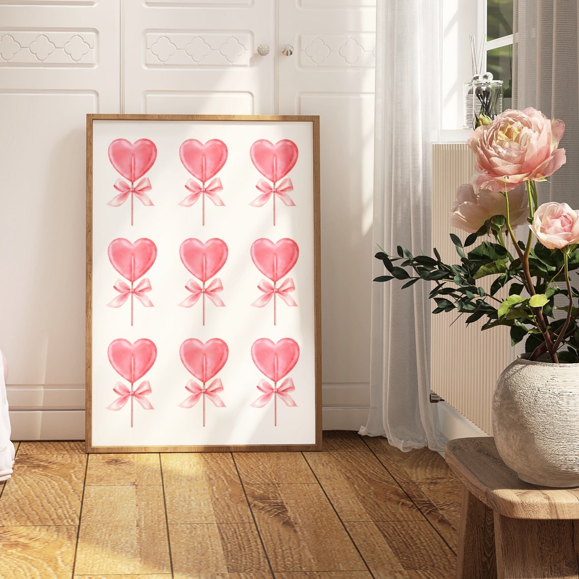 Pink Heart Lollipops Watercolor Valentine Sweets Pattern Poster - Image 3