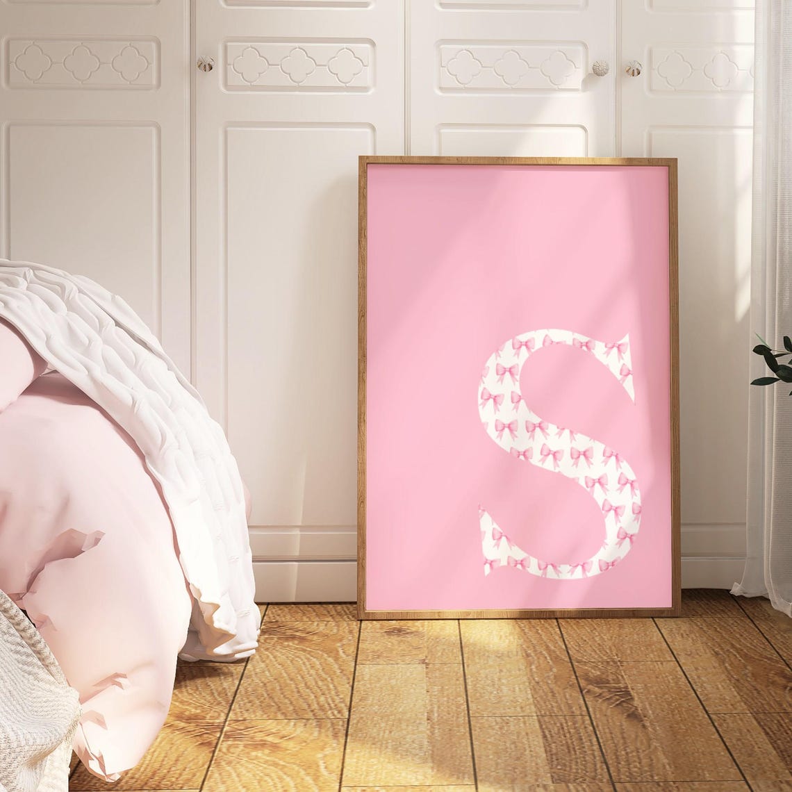 Letter S Initial White Pink Bow Pattern Sweet Monogram Poster - Image 3